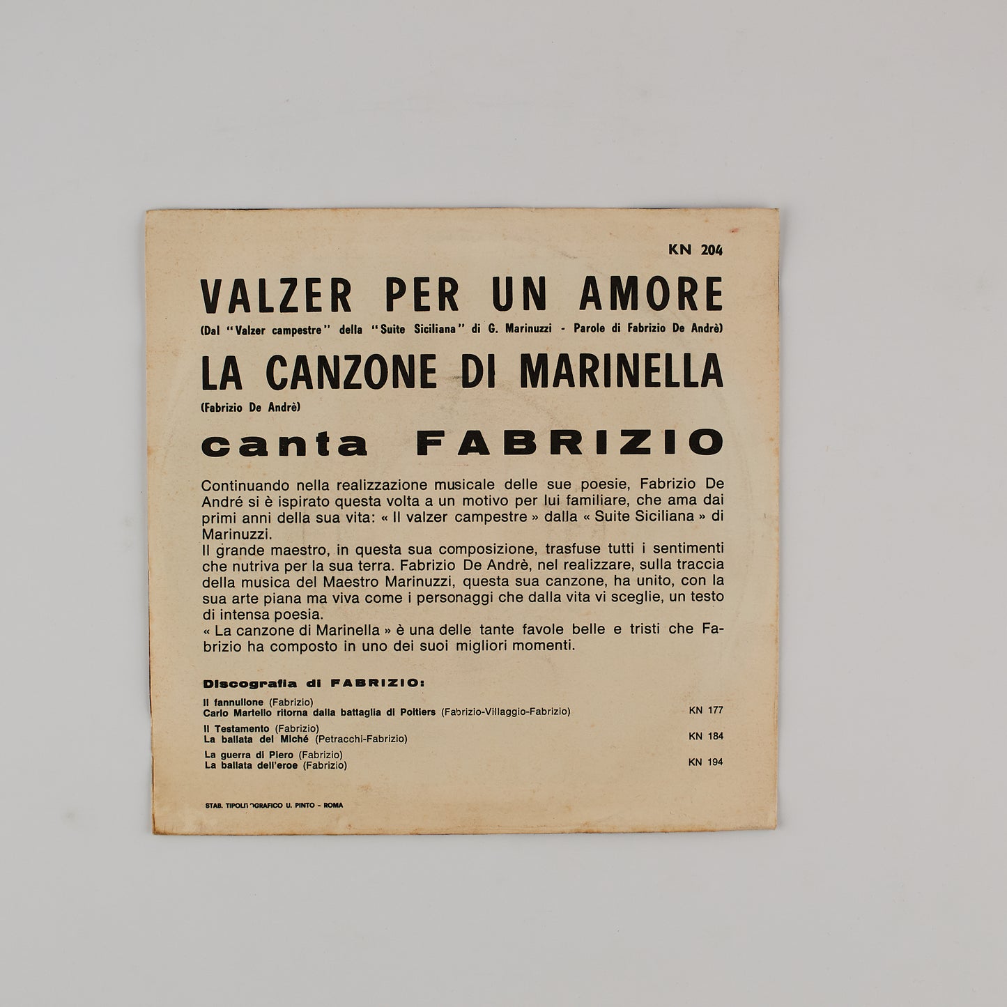 Fabrizio De Andrè - Valzer per un amore / La canzone di Marinella - Karim KN 204 - 1964