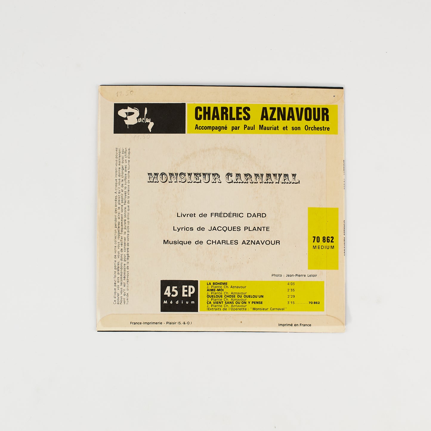 Charles Aznavour - Monsieur Carnaval - 7' EP Barclay - Made in France